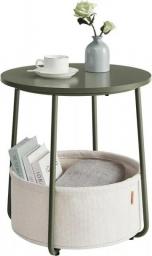 Small Round Side End Table, Modern Nightstand With Fabric Basket, Classic White, Sand Beige, 1 Count