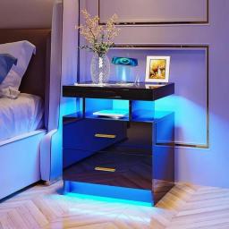 LED Nightstand Wireless Charging USB Ports,Gloss Bedside Tables,Floating 3 Color Adjustable Brightness Embedded Light Strip