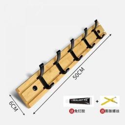 Bamboo Rack With Movable Aluminum Hooks Punch-free Coat Hat Clothing Hanger Wall-mounted Shelf For Bedroom Kitchen Organization