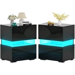 Nightstands Set Of 2, Bedside Tables With LED Lights, Night Stands With High Gloss Drawers, Remote, For Bedroom - Black