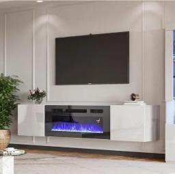Floating TV Stand High Gloss Finish Wall Mounted Fireplace Entertainment Center With Storage For TVs Up To 78