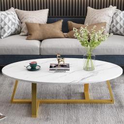 Oval Faux White Marble Coffee Table Wooden Gold Elliptic Modern Side End Table, White Marble Table