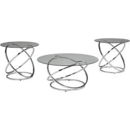 Design By Ashley Hollynyx Contemporary Round 3-Piece Occasional Table Set, Includes Coffee Table And 2 End Tables, Chrome