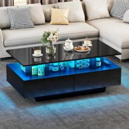Coffee Table High Glossy LED Coffee Tables For Living Room Black Small Center Table With Open Display Shelf & Sliding Drawers