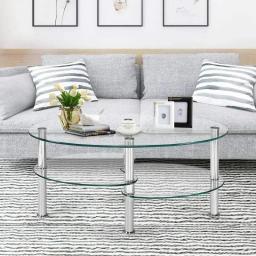 ALPULON Tempered Glass Coffee Table Oval 3-Tier Steel Tea Table For Home Living Room Office Coffee Table For Living Room