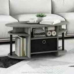 Simple Design Oval Coffee Table With Bin, Walnut