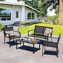 Shintenchi 4 Pieces Patio Furniture Set All Weather Textile Fabric Outdoor Conversation Set, With Glass Coffee Table, Loveseat