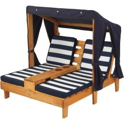 Cup Holders, Kid's Patio Furniture, Honey With Navy And White Striped Fabric, Gift For Ages 3-8
