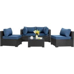 Shintenchi 5 Pieces Outdoor Patio Sectional Sofa Couch, Black PE Wicker Furniture Sets