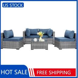Shintenchi 5 Pieces Outdoor Patio Sectional Sofa Couch, Silver Gray PE Wicker Furniture Conversation Sets With Washable Cushions