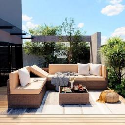 Patio Furniture Set, 7 Pieces Modular Outdoor Sectional, Wicker Patio Sectional Sofa, Brown Rattan(Beige Cushions)