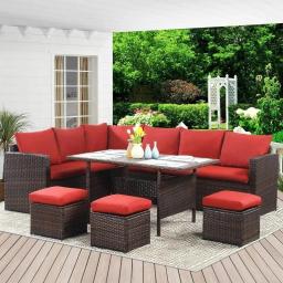 7 Piece Outdoor Dining Sectional Sofa With Dining Table And Chair, All Weather Wicker Conversation Set With Ottoman, Red