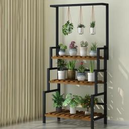 3 Tier Black Plant Stand With Hanging Basket Indoor Display Plant Rack Metal Shelves For Flower Pot Home Application Decor