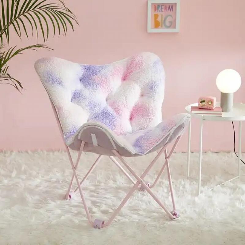 Sherpa Printed Folding Butterfly Chair With Holographic Trim, Pink