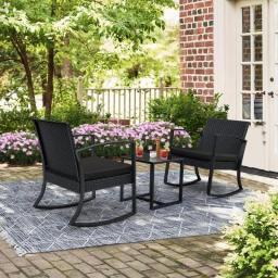 3 Pieces Outdoor Furniture Set Patio Bistro Rocking Chairs With Glass Coffee Table Black Freight Free Camping Chair