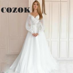Elegant A Line Appliques Tulle Wedding Dresses V Neck Long Puff Sleeve Floor Length Bridal Gown Robe De Mariée Custom S19Y