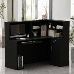 Reception Desk L-Shaped Office Desk With Counter, 1 Door Storage Cabinet, 1 Lockable Drawer, Hutch Shelf And Keyboard Tray