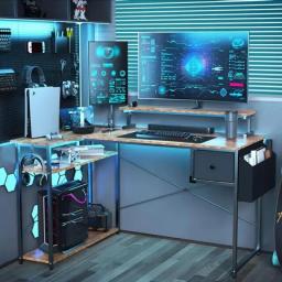 L Shaped Gaming Desk, 47 Inch Computer Desk With LED Lights & Adjustable Stand, Power Outlets & Storage Drawer