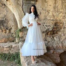 White Organza A Line Wedding Dresses Long Sleeve High Neck Simple Wedding Bride Dress Ankle Length Princess Bridesmaid Gowns