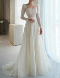 A-Line Square Neck Open Hole Corset Back Wedding Dress Long Sleeve Sweep Train 웨딩드레스 Lace Bridal Gown Wedding Gown Brides Dress