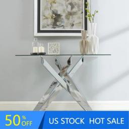 Modern Style Console Table Narrow Sofa Table With Tempered Glass Top And Metal Tubular Legs, 45