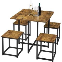 5 Pcs Dining Set With Industrial Square Table And 4 Backless Chairs Dining Room Sets , Rustic Brown