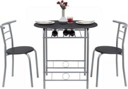 VECELO 3 Piece Wood Round Table & Chair Set For Dining Room Kitchen Bar Breakfast, With Wine Storage Rack, Space Saving
