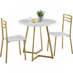 VECELO Small Round Dining Table Set For 2, Wood Marbled Tabletop With Steel Frame, Modern Dinette With Chairs For Kitchen