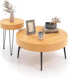 Round Boho Coffee Table Set Of 2,Natural Finish,Solid Wood Nesting Side Tables With Metal Legs & Adjustable Foot Pads