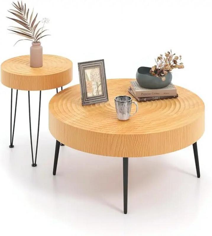 Round Boho Coffee Table Set of 2,Natural Finish,Solid Wood Nesting Side Tables with Metal Legs & Adjustable Foot Pads