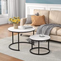 Industrial Round Coffee Table Set Of 2 End Table For Living Room,Wood Look Accent Furniture With Metal Frame