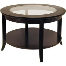Wood Genoa Round Coffee Table With Glass Top, Espresso Finish