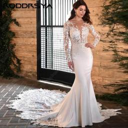 RODDRSYA O-Neck Appliques Mermaid Wedding Dresses For Bridal Long Sleeves Soft Satin Lace Court Train Vestidos De Noiva Mariage