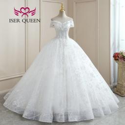 Off Shoulder Short Sleeves Europe Wedding Dress 2023 New Heavy Pearls Beads Bright Lace Appliques Ball Gown Bride Dresses WX0256