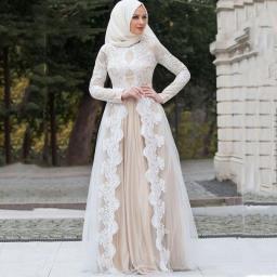 14621#IENA Eightale Muslim Wedding Dresses Full Sleeves Custom Made Bridal Gown Arabic Dubai Kaftan Champagne Wedding Gowns