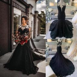 17003#A-Line Black Gothic Exquisit Wedding Dress Mermaid Dress Back Fishtail Illusion Lace Ceremony Bridal Dress With Button ODE