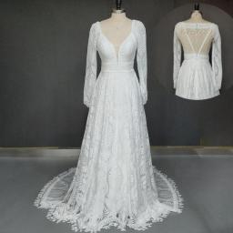 8259#White Lace Bohemian Detachable Sleeve Deep V-Neck Open Back Illusion Wedding Dress Bridal Gown Real Photos Hot Sale ODE ODM
