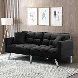 Modern Tuft Futon Couch Convertible Loveseat Sleeper Reclining Sofa Bed Twin Size With Arms And 2 Pillows For Living Room, Black