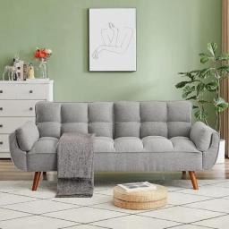 Modern Convertible Tufted Linen Upholstered Futon Sofa Daybed W/2 Pillows Luxury Sofa In The Living Room Overstuffed Comfy Home