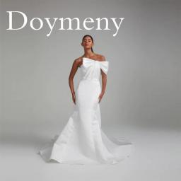 Doymeny Satin Fit-to-Flare Gown Mermaid Bias Off-the-Shoulder Bow Wedding Dress Sleeveless Long Ribbons Robe De Mariée