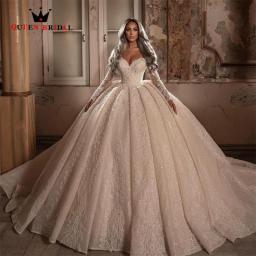 Luxury Puffy Princess Wedding Dresses Long Sleeve Sequins Tulle Crystal Beaded 2023 New Design Bridal Gown Custom Made JT47