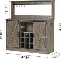 Farmhouse Coffee Bar Cabinet With 6 Hooks, Kitchen Buffet Cabinet With 9 Wine Racks, 47” Coffee Bar Table With Sliding Barn Door