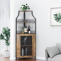 Corner Wine Bar Rack Cabinet With Detachable  Rack,    Glass Holder, Small Sideboard