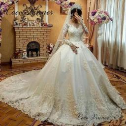 Vintage Lace Appliques Muslim Long Sleeve Wedding Dress 2023 Embroidery With Beading Train Wedding Dresses Custom Made W0721