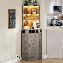 2024 New Tall Bar Corner Cabinet With 2 Adjustable Shelves, Coffee Bar Cabinet With LED RGB, Power Outlet & Wine Rack