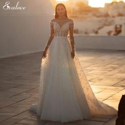 EVALOVE Gorgeous Lace Embroidered Sweep Train A-Line Wedding Dress 2023 Luxury Scoop Neck Beaded Long Sleeve Vintage Bridal Gown