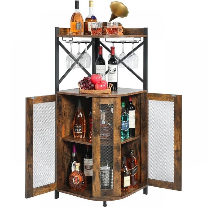 Corner bar cabinet with LED lights, 5-layer wine cabinet with glass brackets,adjustable shelves,For storing liquor and wine
