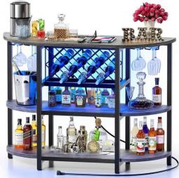 Zarler Bar Table Cabinet With Power Outlet, LED Home Mini Bar For Liquor, Metal Wine Bar Stand With 4-Tier Storage, Easy