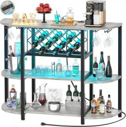 Unikito 4-Tier Metal Coffee Bar Cabinet With Outlet And LED Light, Freestanding Table For Liquor Glass Holder Wine Rack Storage