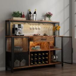 Wine Bar Cabinet, 55 Inches Industry Coffee Bar Cabinet With Wine Rack And Glass Holder, Kitchen Sideboard Buffet Cabinet